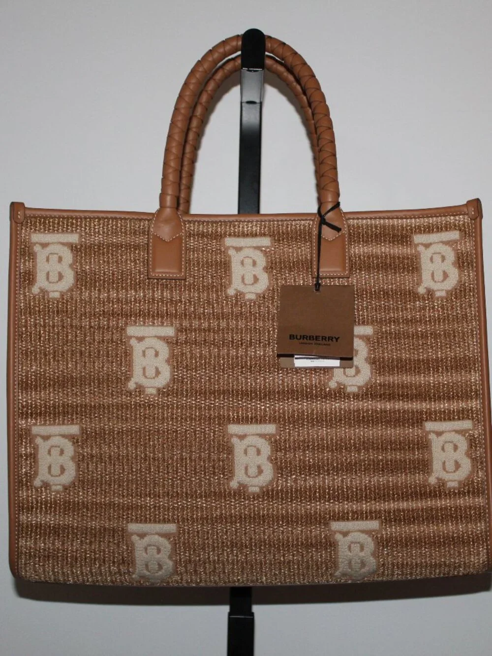 NWT Burberry Freya Raffia Natural Logo Large Tote Shoulder Bag Shopper